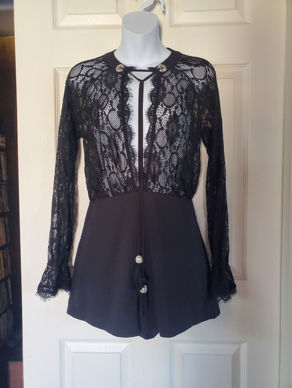 Nasty Gal Black Lace Romper Beaded Tassel Sheer Grunge Rock Festival Small